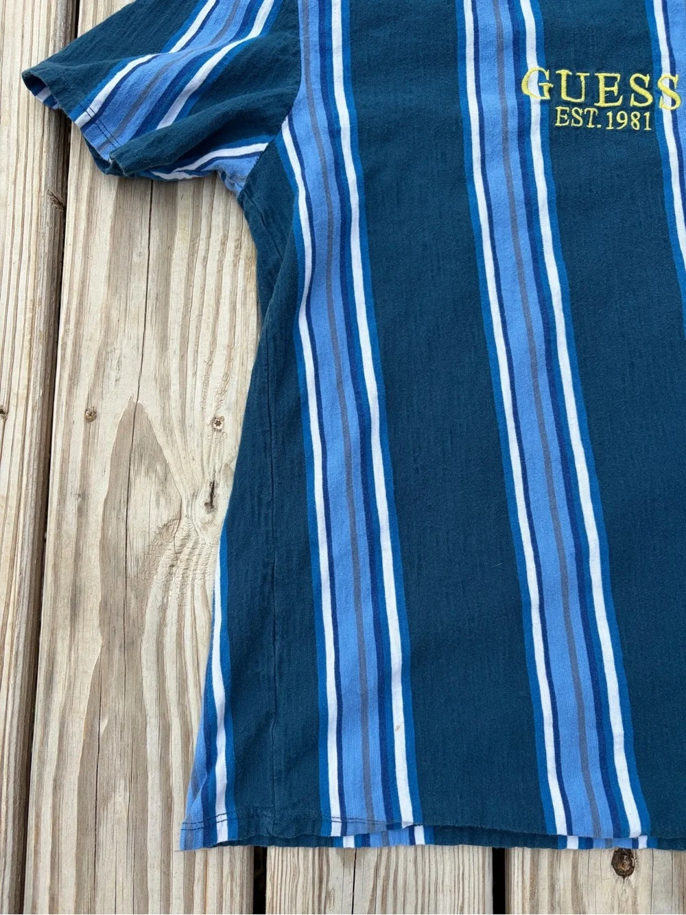 VINTAGE Guess Shirt Adult Medium Blue Striped Crew Neck Hip Hop Streetwear Y2K - Picture 3 of 13